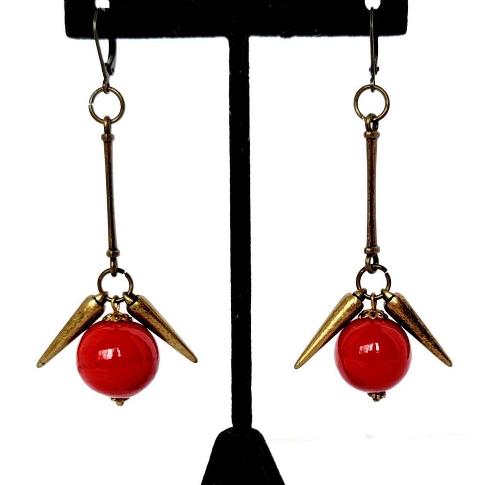 3" ORB DROP EARRINGS Red Gold GLASS BRASS Pierced PLUM TREE DESIGNS Contemporary